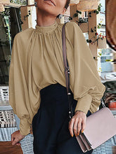 Women Plus Size Vintage Stand Collar Pearl Puff Sleeve Loose Casual Solid Color Blouses